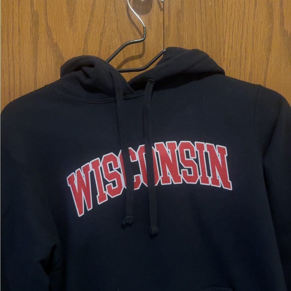 Port and Company Black Hoodie with Red Wisconsin Print